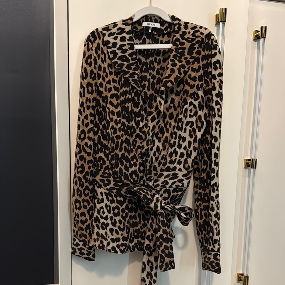 Ganni Leopard Print Silk Wrap Top, Size 34